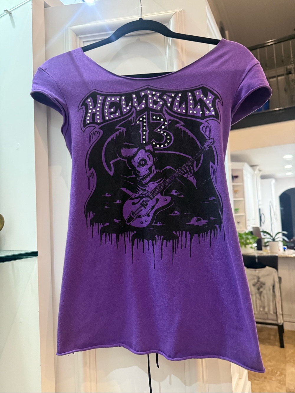 Purple Graphic Women’s Tee with Skull Guitar Print - Picture 3 of 6